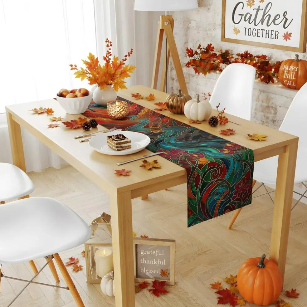 Fall Decor - Stained Glass Table Runner | Fall Decorations for Home - Thanksgiving Friendsgiving Autumn Centerpieces Backdrop Tablecloth for Tables Room Office Kitchen