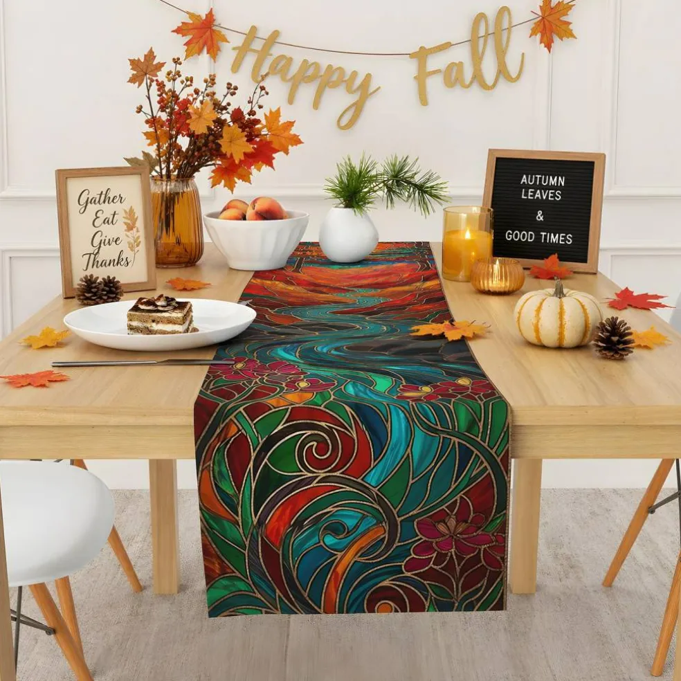 Fall Decor - Stained Glass Table Runner | Fall Decorations for Home - Thanksgiving Friendsgiving Autumn Centerpieces Backdrop Tablecloth for Tables Room Office Kitchen