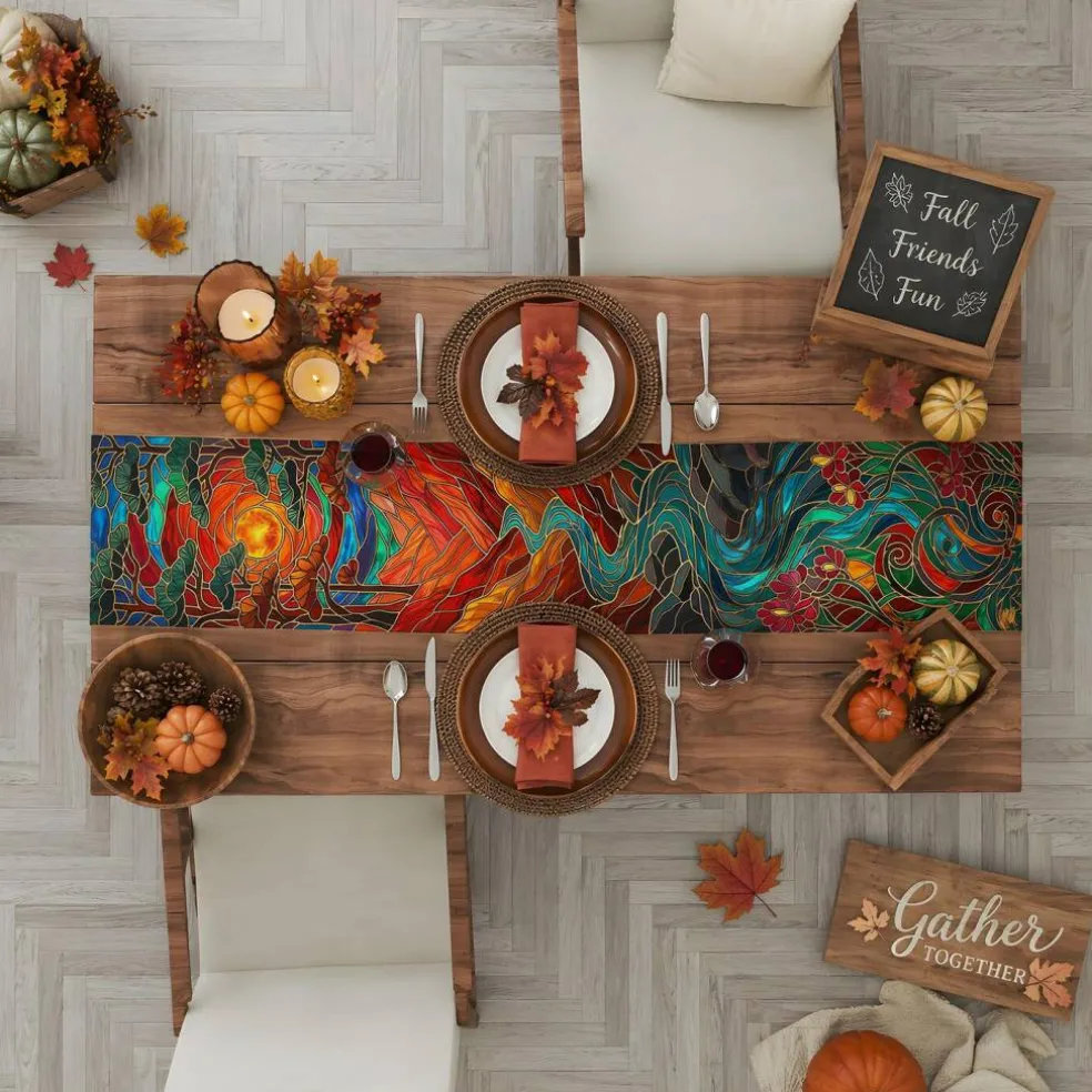 Fall Decor - Stained Glass Table Runner | Fall Decorations for Home - Thanksgiving Friendsgiving Autumn Centerpieces Backdrop Tablecloth for Tables Room Office Kitchen