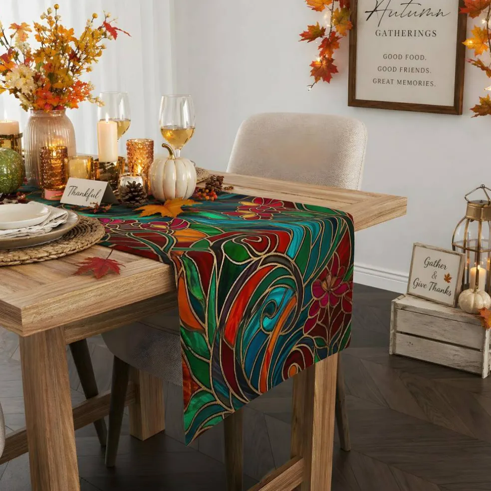 Fall Decor - Stained Glass Table Runner | Fall Decorations for Home - Thanksgiving Friendsgiving Autumn Centerpieces Backdrop Tablecloth for Tables Room Office Kitchen