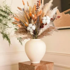 Fall Dried Flower Bouquet with Pampas Grass, Orange Bunny Tails & Cotton Stems – Boho Autumn Floral Arrangement for Vase, Mantel, Table Centerpiece, Farmhouse Fall Home Decor & Porch Decorations