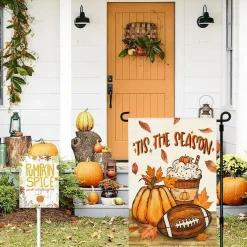 Fall Garden Flag 12x18 Inch Double Sided Autumn Leaves Pumpkin Spice Football Rustic Yard Banner, Seasonal Outdoor Welcome Porch Lawn Harvest Home Decoration Flag