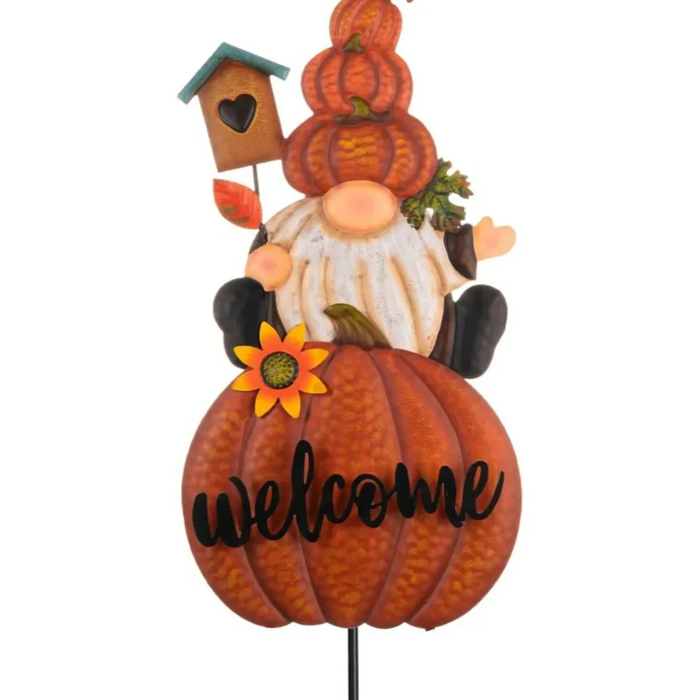 16" Fall Gnome Metal Pumpkin Yard Stakes