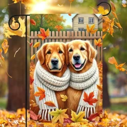 Fall Golden Retriever Garden Flag 12 x 18 Inch, Double-Sided Autumn Dog Yard Flag with Scarf Design, Polyester Thanksgiving Decor for Porch, Lawn, Patio, Garden and Dog Lovers