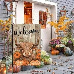 Fall Highland Cow Garden Flag 12x18 Double Sided Pumpkin Welcome Autumn Thanksgiving Yard Flag Outdoor Porch Patio Farmhouse Seasonal Decor