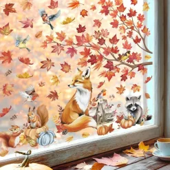 Fall Maple Leaves & Forest Animals Window Clings - 3D Tree Branch & Autumn Fox, Squirrel, Raccoon Decals - Double-Sided Anti-Collision Static Stickers for Glass Windows & Home Decor
