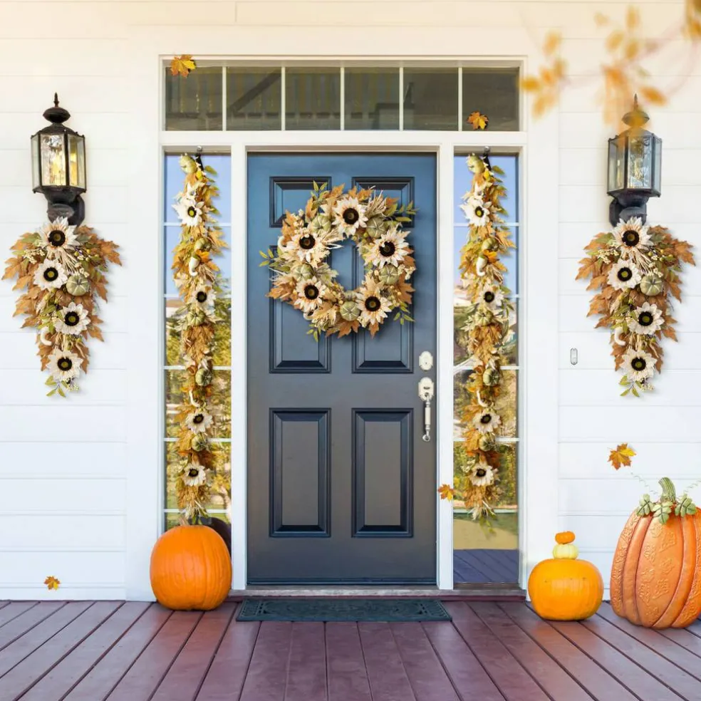 Fall Neutral Sunflower Pumpkin and Leaf Garlands/Porch Trees/Teardrops Set