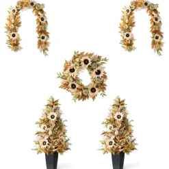 Fall Neutral Sunflower Pumpkin and Leaf Garlands/Porch Trees/Teardrops Set