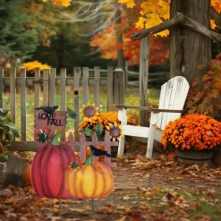 Fall Outdoor Decorations, 25.2 Inch Metal Pumpkin Garden Stakes with Sunflower Fence, Crows & “I Love Fall” Sign, Rustic Autumn Yard Art for Lawn, Garden, Porch, Patio & Thanksgiving Decor