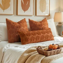 Fall Pillow Covers 18x18 Inch Set of 2, Dark Rust Pumpkin Throw Pillow Covers, Autumn Harvest Decor Cushion Covers for Sofa Couch Bed Porch Home Decoration