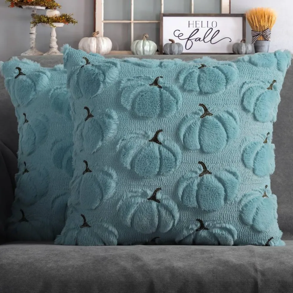 Fall Pillow Covers 18x18 Set of 2 Light Blue Pumpkin Decorations for Home