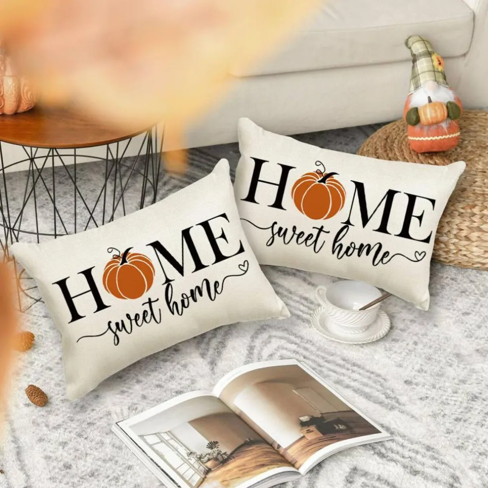 Fall Pillows Covers 12x20 Inch,Outdoor Pumpkin Thanksgiving Lumbar Beige