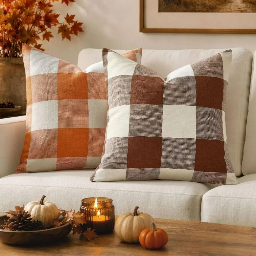 Fall Plaid Pillow Covers 18x18 Orange and White Pack of 2