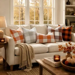 Fall Plaid Pillow Covers 18x18 Orange and White Pack of 2