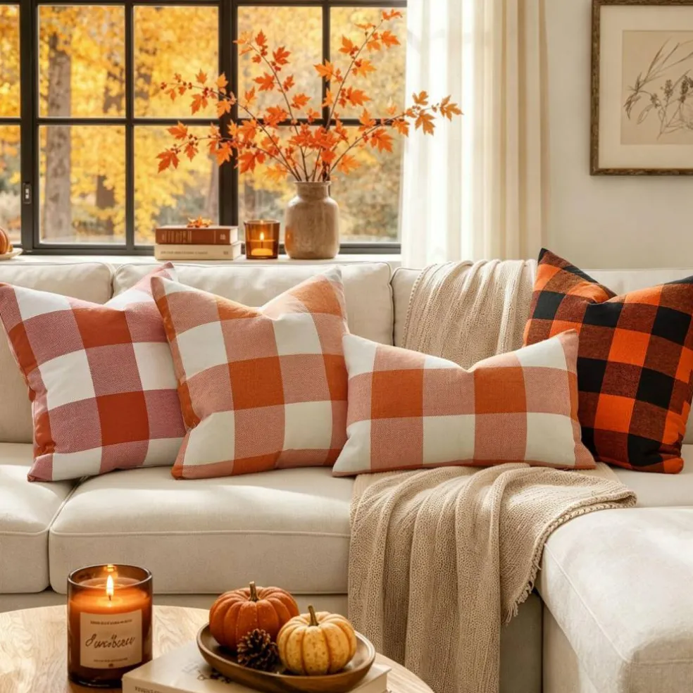 Fall Plaid Pillow Covers 18x18 Orange and White Pack of 2