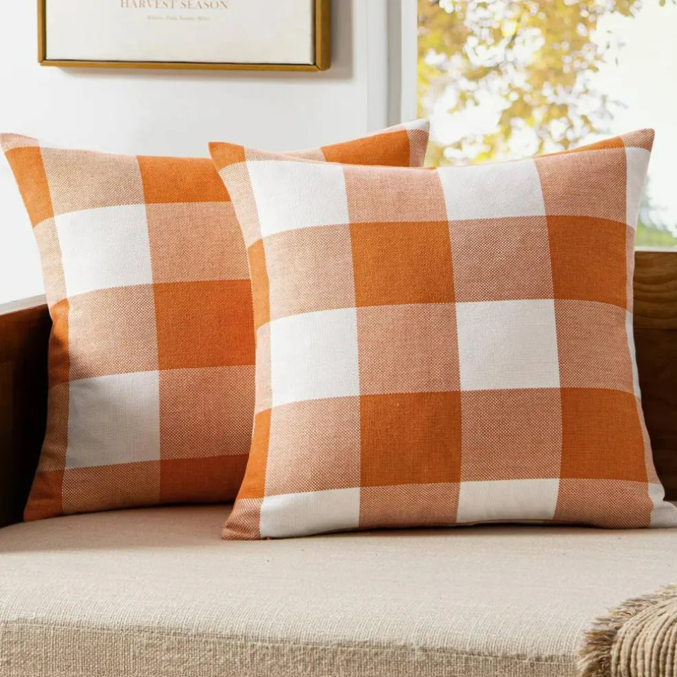 Fall Plaid Pillow Covers 18x18 Orange and White Pack of 2