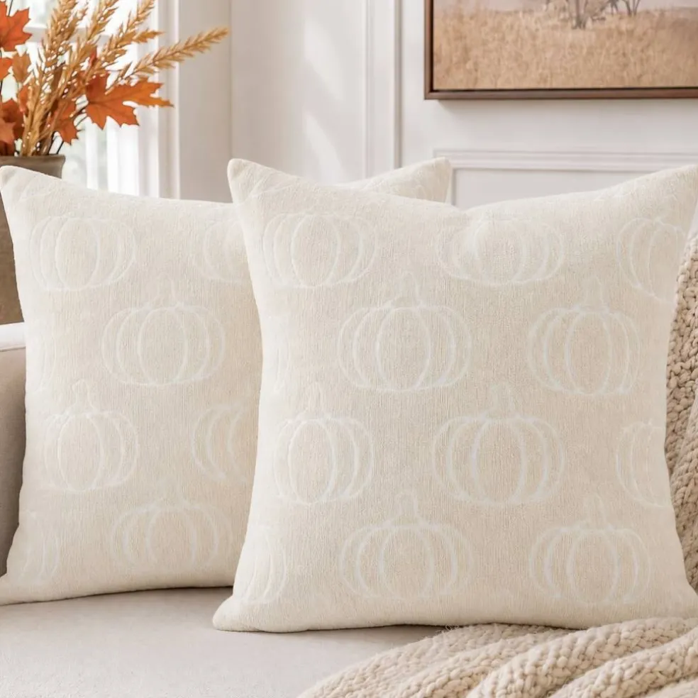 Fall Pumpkin Chenille Plaid Pillow Covers Autumn Decor 18x18