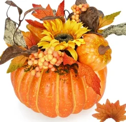Fall Pumpkin Decorations with Lights, 8 x 8.5 Inch Artificial Pumpkin with 50 Fake Maple Leaves and 1M String Lights, Faux Fall Centerpiece for Table, Porch, Mantel, Halloween and Thanksgiving Decor
