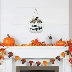 Fall Pumpkin Door Decor, White Wooden Pumpkin Hanging Sign with Raffia Bow and Hello Pumpkin 3D Lettering, Autumn Front Door Hanger for Thanksgiving Harvest Indoor Outdoor Home Decoration