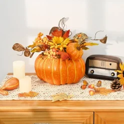 Fall Pumpkin Table Centerpiece with LED Lights – Artificial Pumpkin Decoration with Maple Leaves, Sunflower, Berries & Mini Pumpkins, Faux Thanksgiving & Halloween Decor for Home, Table, Mantel, Porch & Indoor Outdoor Display