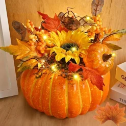 Fall Pumpkin Table Centerpiece with LED Lights – Artificial Pumpkin Decoration with Maple Leaves, Sunflower, Berries & Mini Pumpkins, Faux Thanksgiving & Halloween Decor for Home, Table, Mantel, Porch & Indoor Outdoor Display