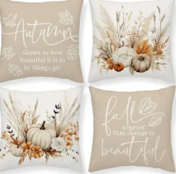 Fall Pumpkin Throw Pillow Covers 18 x 18 Inch Set of 4 Boho Thanksgiving Harvest Farmhouse Decorative Cushion Covers Thankful Grateful Pillow Cases for Couch Sofa Home Decor