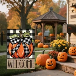 Fall Pumpkin Welcome Garden Flag 12x18 Inch Double Sided Buffalo Plaid Autumn Burlap Yard Flag, Thanksgiving Harvest Outdoor Porch Lawn Seasonal Holiday Home Decoration