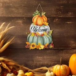 Fall Pumpkin Welcome Sign Wooden Door Hanging Decor, Rustic Hello Fall Autumn Thanksgiving Porch Wall Decor with Sunflowers Maple Leaves & Vintage Pumpkins for Indoor Outdoor Farmhouse Display