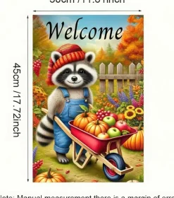 Fall Raccoon Garden Flag 12x18 Inch Double Sided Autumn Yard Banner, Cute Raccoon with Pumpkins and Apples Harvest Design, Farmhouse Outdoor Porch Patio Lawn Thanksgiving Decor