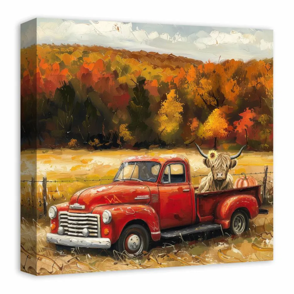 Fall Red Truck Highland 16" x 16" Canvas Wall Art