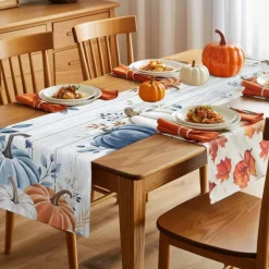Fall Table Runner Blue Pumpkin Table Runners for Dining Room Leaves Floral Wood Grain Dinner Runner Thanksgiving Kitchen Decor 13