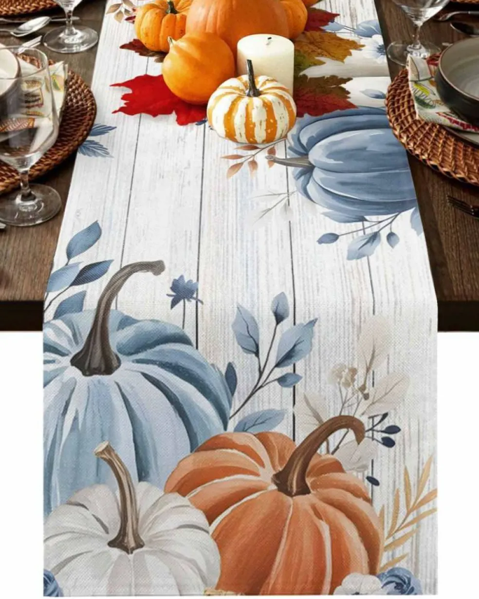 Fall Table Runner Blue Pumpkin Table Runners for Dining Room Leaves Floral Wood Grain Dinner Runner Thanksgiving Kitchen Decor 13" x 72"