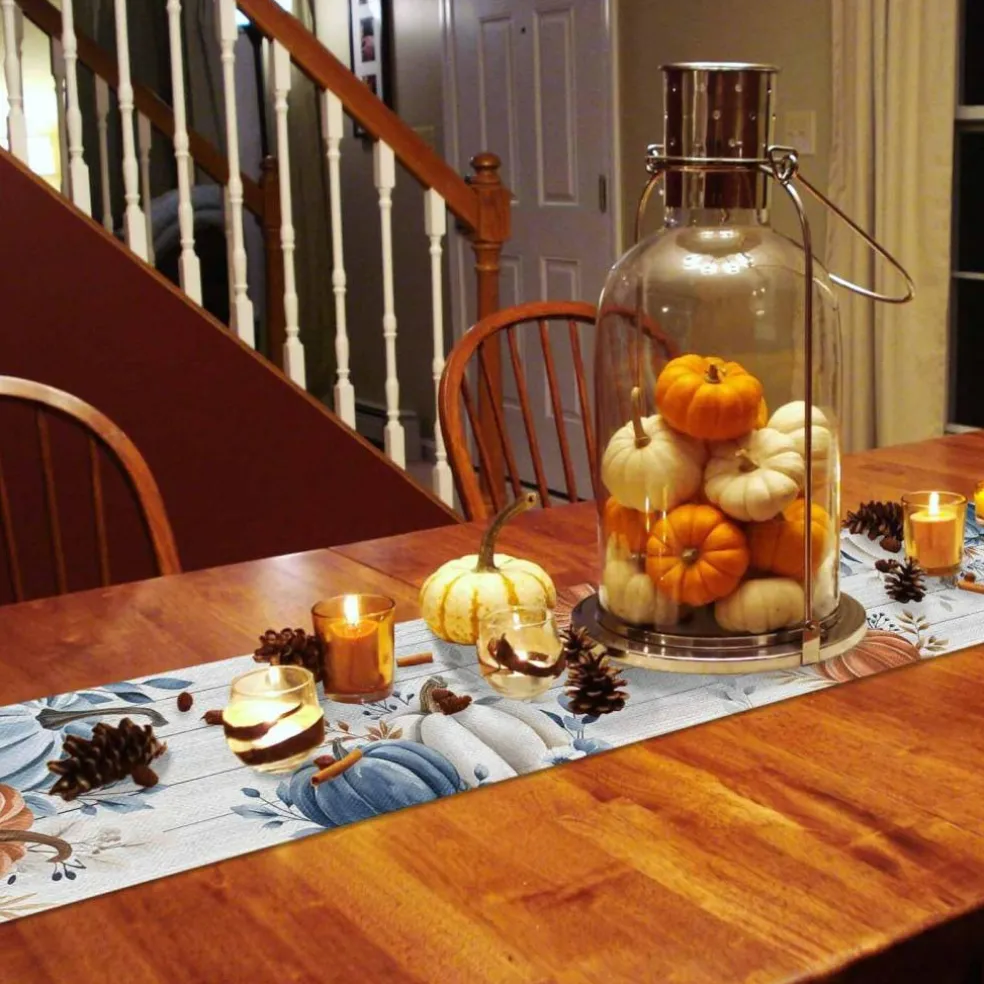 Fall Table Runner Blue Pumpkin Table Runners for Dining Room Leaves Floral Wood Grain Dinner Runner Thanksgiving Kitchen Decor 13" x 72"