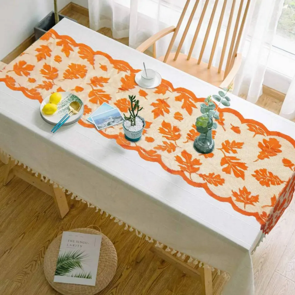 Fall Table Runner Decorations 13 x 72 Inch Maple Leaves Table Runner Fall Decor Harvest Lace Pumpkin Runner Brow Long Fall Table Line Fall Thanksgiving Autumn Dinner Home Decor (Brown)