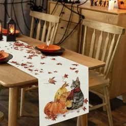 Fall Table Runner Pumpkins Cat Maple Leaf Autumn Harvest Seasonal Thanksgiving Decorations for Home Kitchen Dining Room Party Decor 13 x 90 Inch
