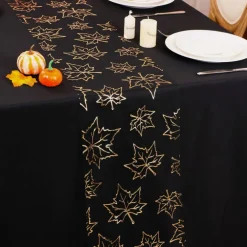 Fall Table Runners, Gold Maple Leaves Thanksgiving Table Decorations for Autumn Harvest Sequin Glitter Lightweight Black Thin Mesh Sparkle Farmhouse Dining Party Decor 120 Inch