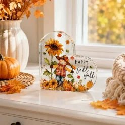 Fall Thanksgiving Acrylic Tabletop Sign, Happy Fall Y’all Scarecrow Pumpkin Sunflower Maple Leaf Plaque, Rustic Farmhouse Tiered Tray Decor for Kitchen, Table, Shelf & Home