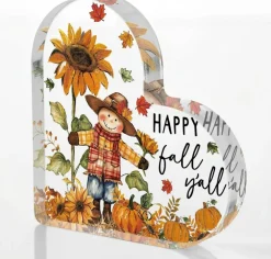 Fall Thanksgiving Acrylic Tabletop Sign, Happy Fall Y’all Scarecrow Pumpkin Sunflower Maple Leaf Plaque, Rustic Farmhouse Tiered Tray Decor for Kitchen, Table, Shelf & Home