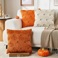 Fall Throw Pillow Covers 18x18 Set of 2 Plush Faux Fur Pumpkin Cushion Covers Soft Autumn Harvest Decorative Pillow Cases for Couch Sofa Bed Living Room Home Decor