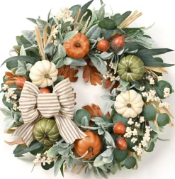 22” Fall Wreath for Front Door – Autumn Pumpkin Wreath with Bow, Berries & Leaves, Farmhouse Thanksgiving Halloween Decor for Porch, Wall, Indoor & Outdoor Home Decoration
