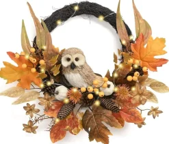 Fall Wreath for Front Door, Lighted Autumn Wreath, Thanksgiving Wreath, Harvest Decor, Fall Home Decorations | 18 Inch Owl Pumpkin Wreath with 20 LED Lights, Maple Leaves, Pine Cones, Berries & White Pumpkins for Porch, Wall, Fireplace & Indoor Outdo