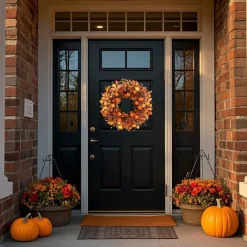 Fall Wreath 22 Inch Fall Wreaths for Front Door Autumn Pumpkin Wreaths with Orange Eucalyptus Leaves and Berries for Indoor Outdoor Thanksgiving Harvest Festival Celebrations
