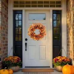 Fall Wreath 22 Inch Fall Wreaths for Front Door Autumn Pumpkin Wreaths with Orange Eucalyptus Leaves and Berries for Indoor Outdoor Thanksgiving Harvest Festival Celebrations
