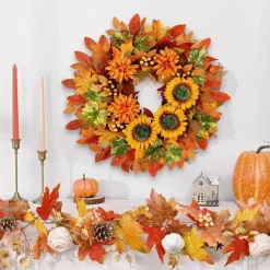 Fall Wreaths for Front Door, Autumn Sunflower Wreath, Thanksgiving Wreath, Fall Home Decor, Outdoor Fall Decorations | 22 Inch Handmade Maple Leaf Wreath with Sunflowers, Dahlias & Berries for Porch, Wall, Mantel, Indoor Outdoor Harvest Decor
