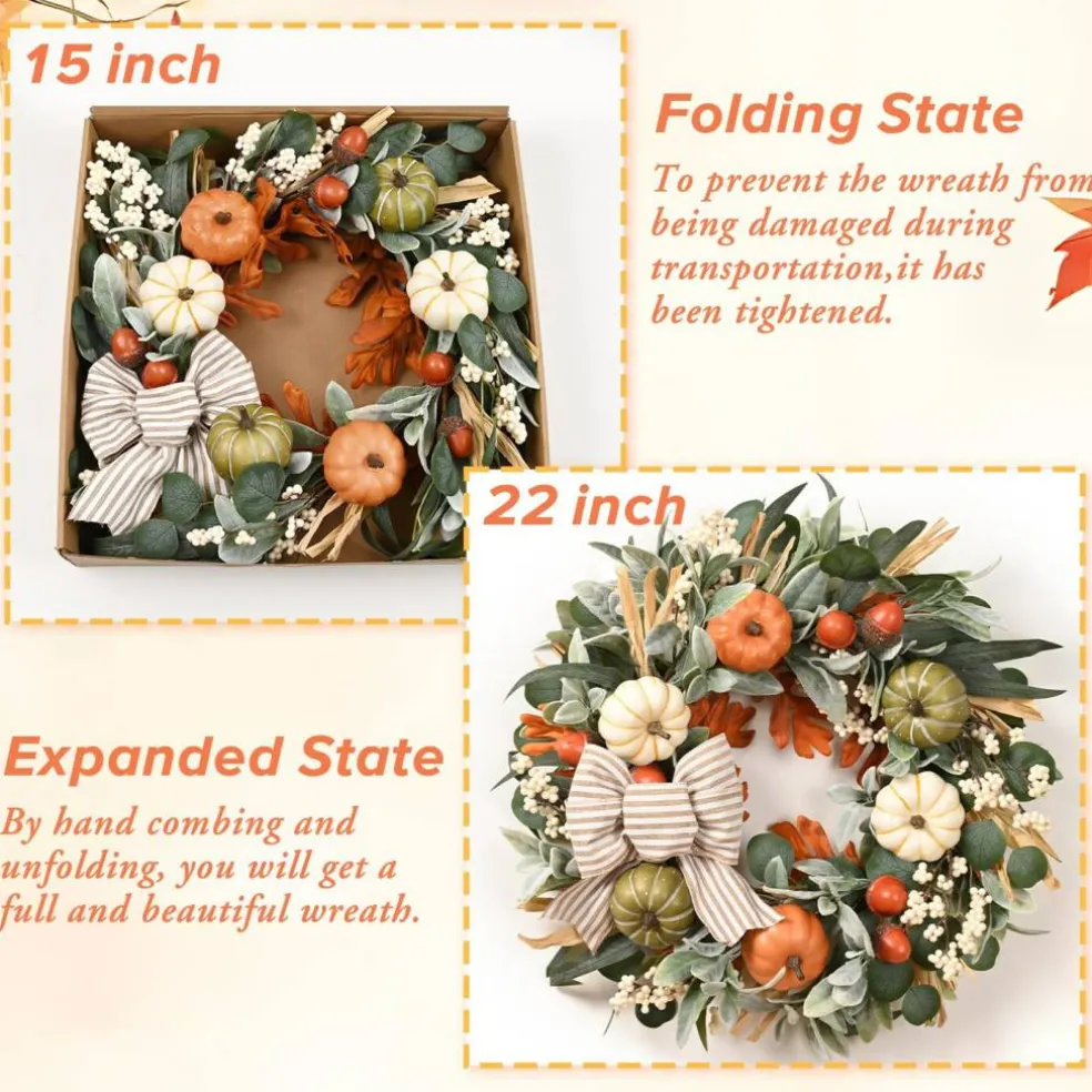 22'' Fall Wreaths for Front Door, Fall Decorations for Home Autumn Wreath