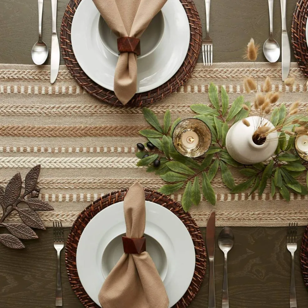 Farmhouse Braided Stripe Table Runner Collection, 15x72 (15x77, Fringe Included), Stone