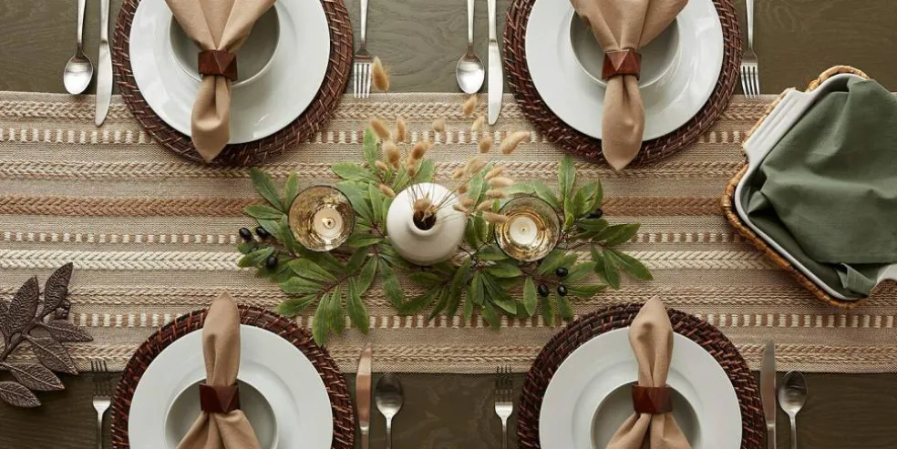 Farmhouse Braided Stripe Table Runner Collection, 15x72 (15x77, Fringe Included), Stone