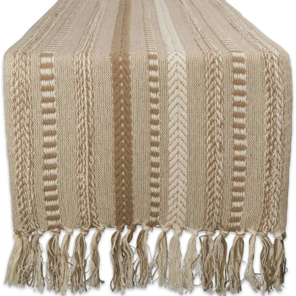 Farmhouse Braided Stripe Table Runner Collection, 15x72 (15x77, Fringe Included), Stone
