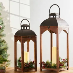 Farmhouse Brown Candle Lantern Set, 24.5" & 20"