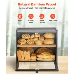 Farmhouse Double Deck Bread Box for Kitchen Countertop, Bamboo Wooden Bread Storage Container with Acrylic Door, Ventilated Bread Keeper Organizer